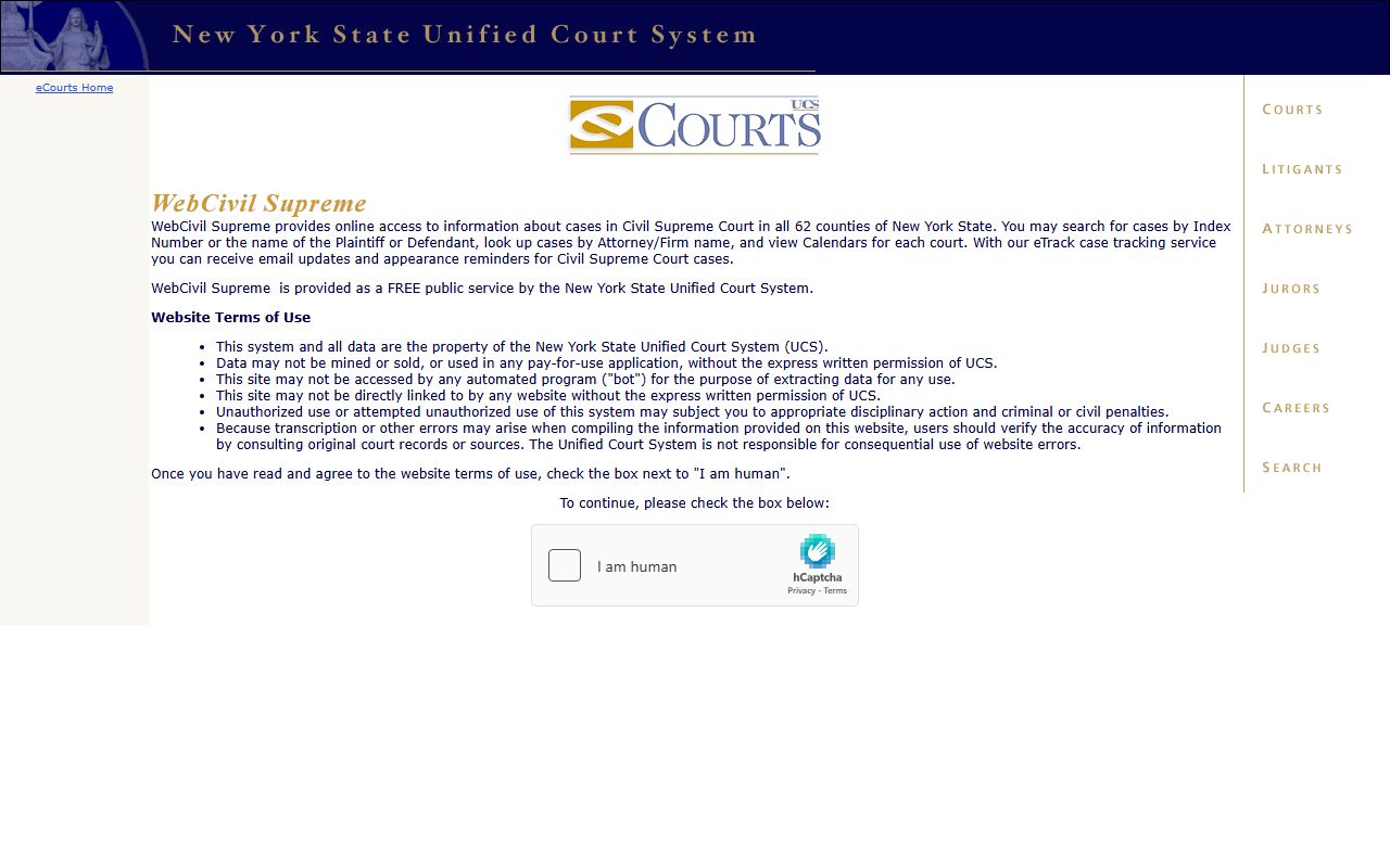 New York City dissolution of marriage case search through the WebCivil Supreme system