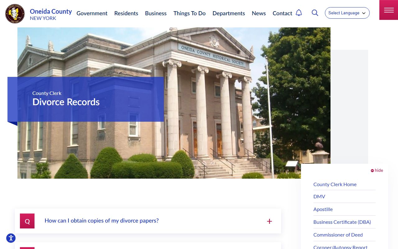 Utica dissolution of marriage records from Oneida County Clerk's Office