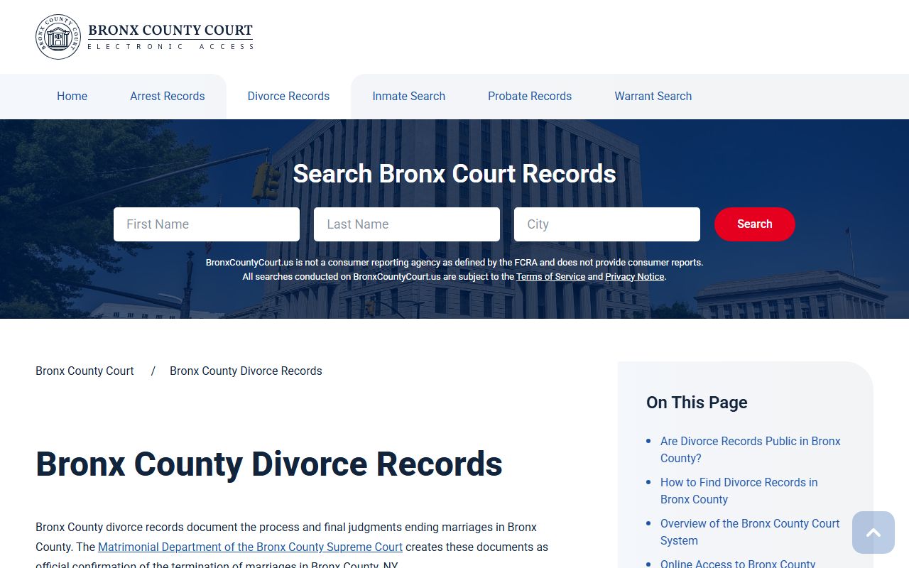Bronx County Court dissolution of marriage records information page