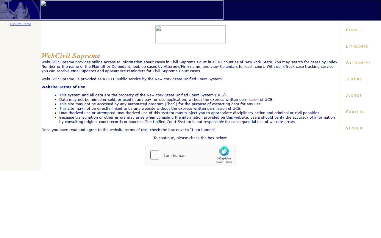 WebCivil Supreme search page for Bronx County dissolution of marriage cases