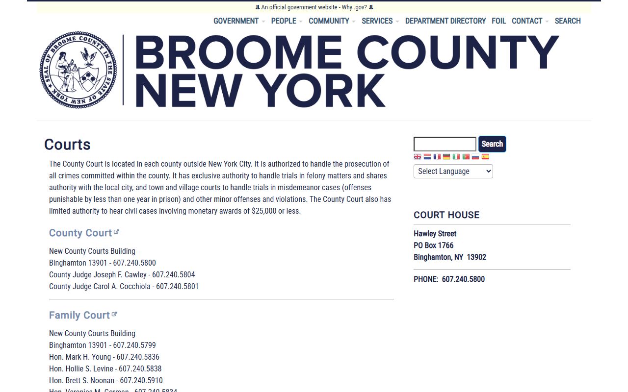 Broome County courts information page for dissolution of marriage cases