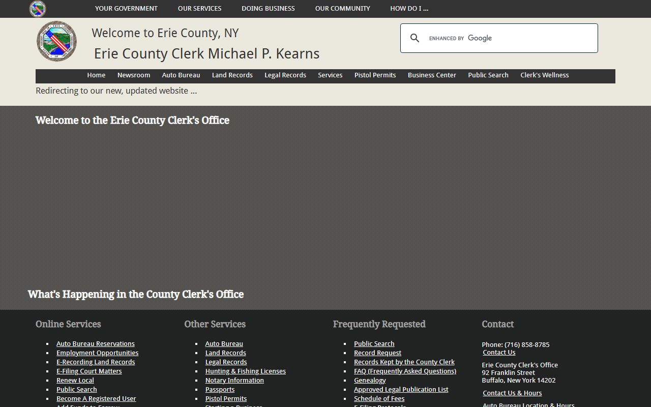 Erie County Clerk main website with dissolution of marriage record services