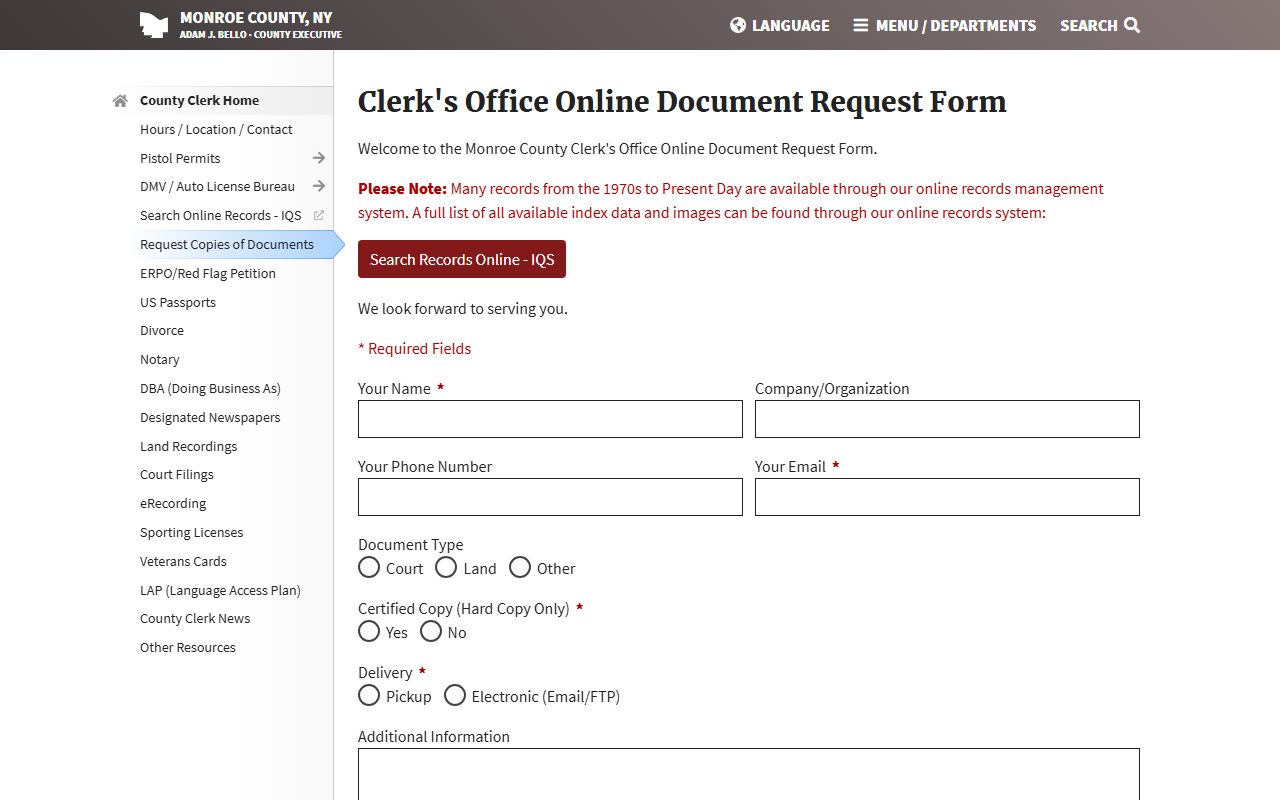 Monroe County Clerk online document request system for dissolution of marriage records