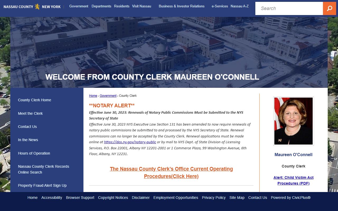 Nassau County Clerk's Office website for dissolution of marriage records in Mineola NY