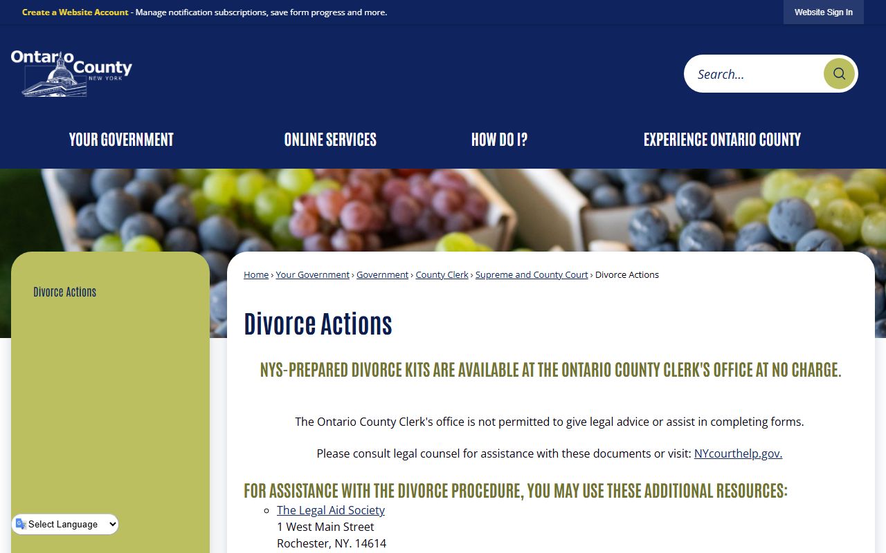 Ontario County Clerk's Office information for Ontario County dissolution of marriage records