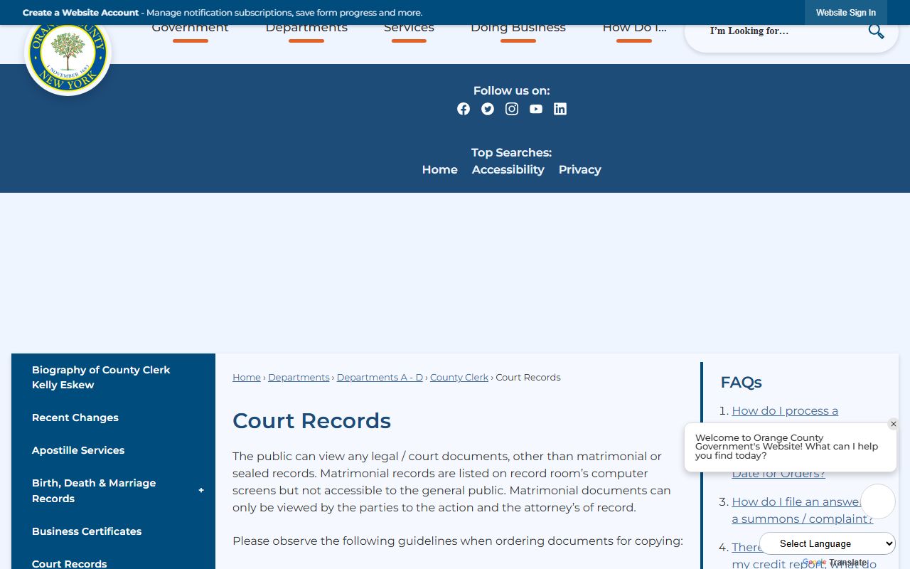 Orange County Clerk court records page for Orange County dissolution of marriage