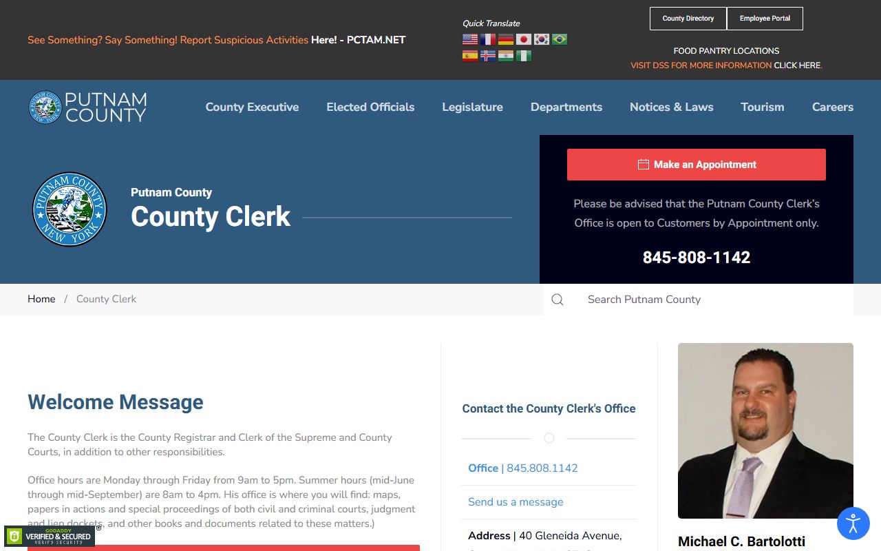 Putnam County Clerk office website for dissolution of marriage records