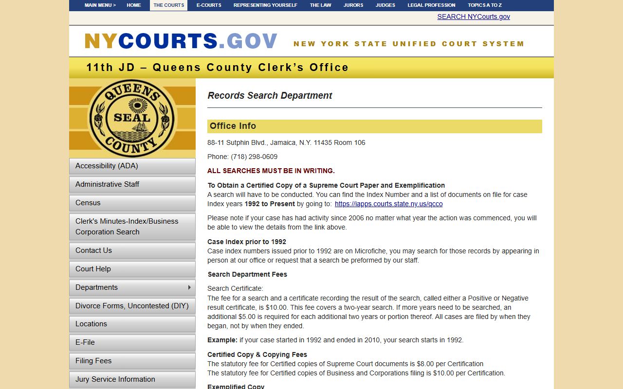 Queens County Clerk Records Search Department page for dissolution of marriage
