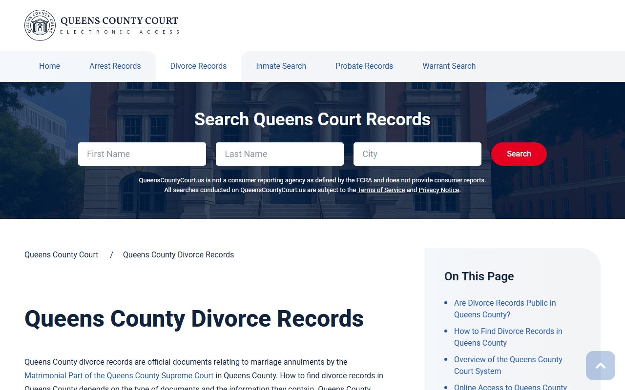 Queens County Court divorce records information for dissolution of marriage