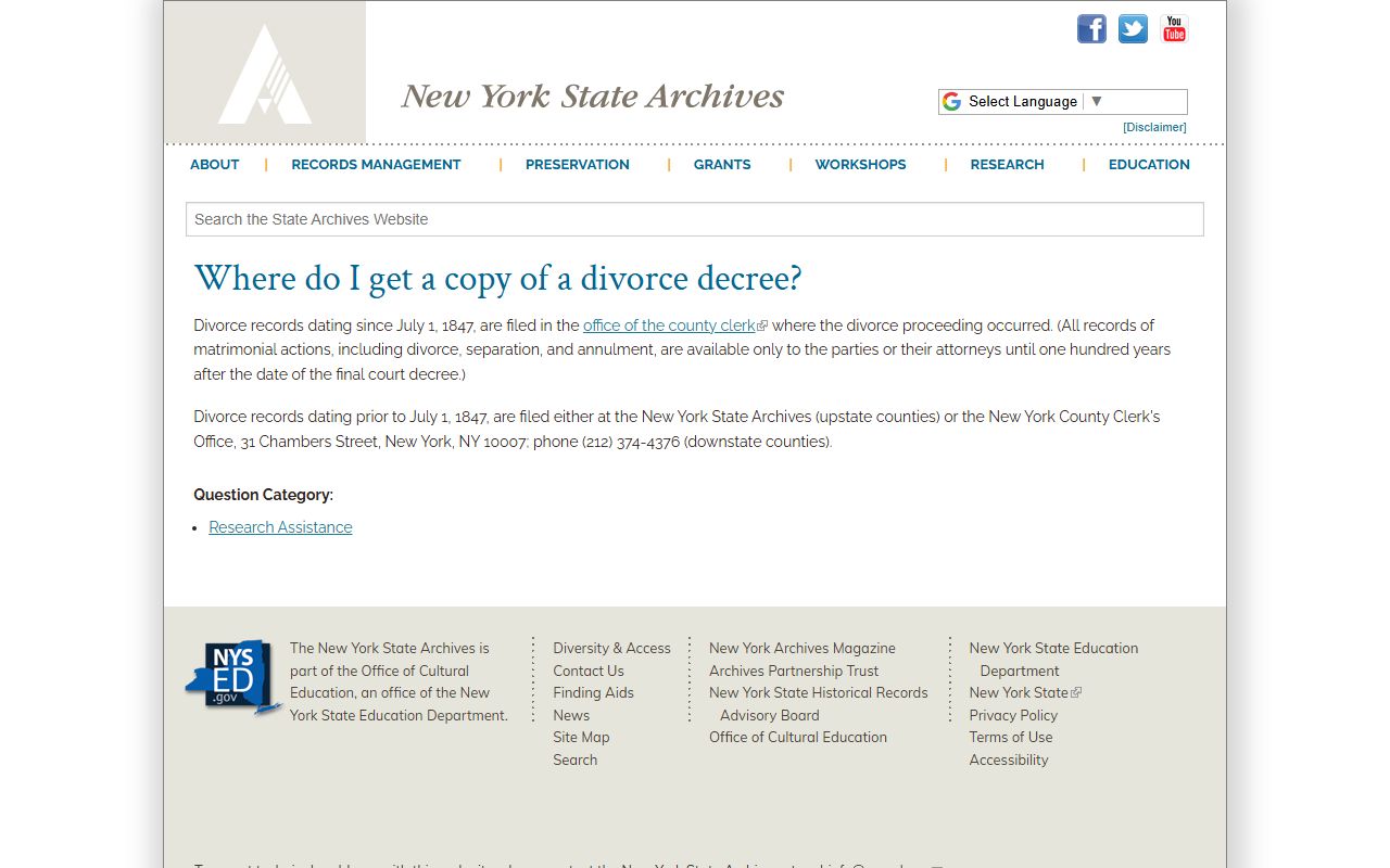 New York State Archives dissolution of marriage records information page