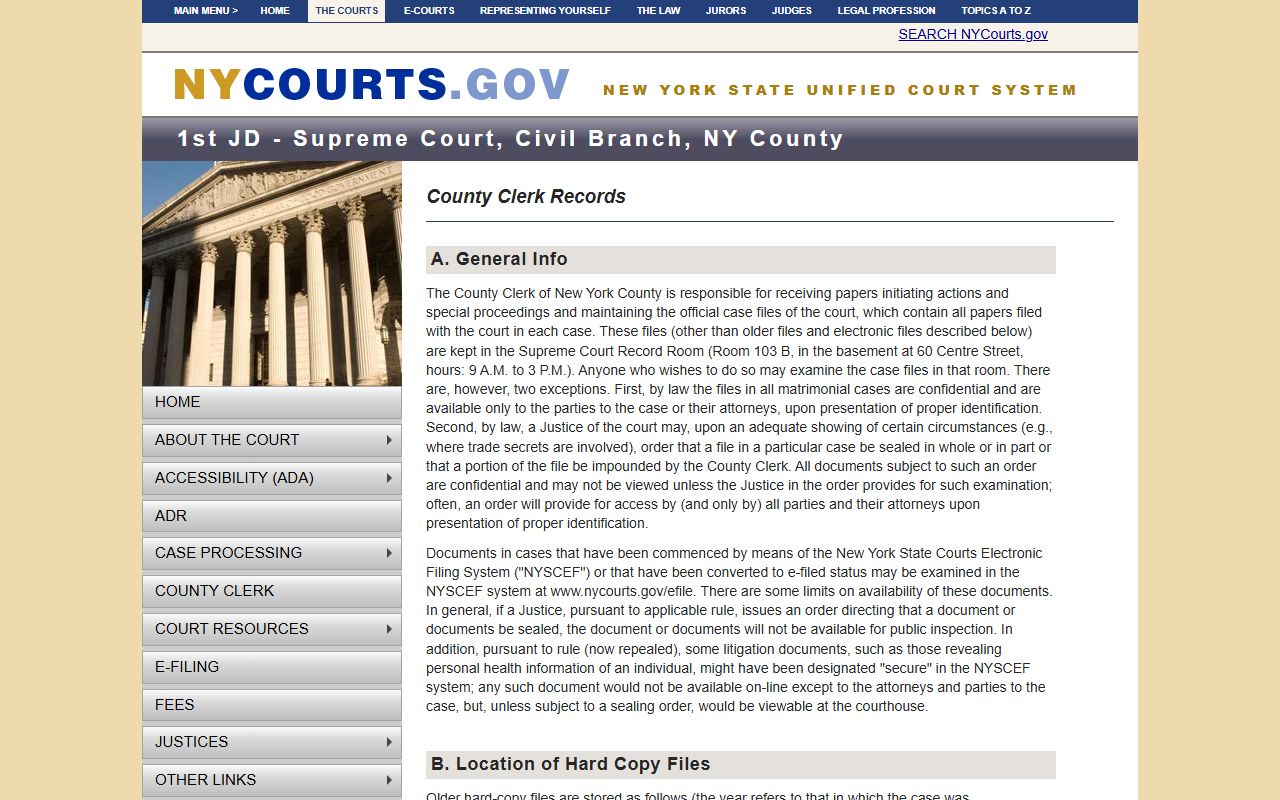 New York State Unified Court System county clerk records page for dissolution of marriage
