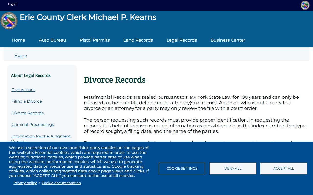 Erie County Clerk dissolution of marriage records page showing fees and procedures